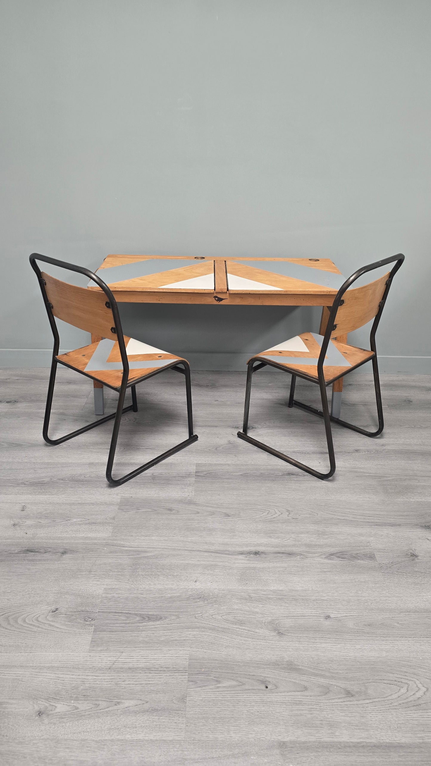Vintage Beech School Desk with Chairs