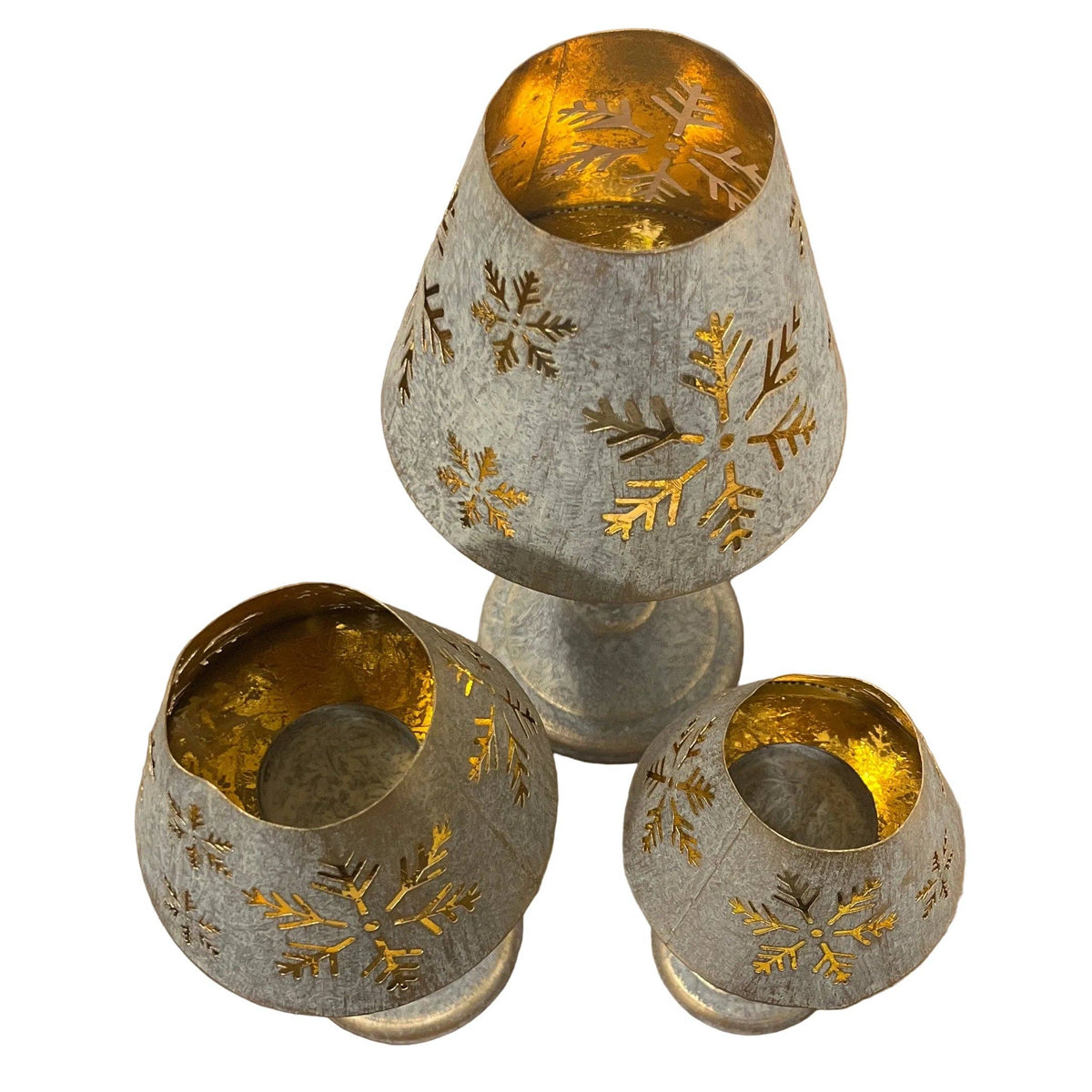 Set Of 3 Snowflake Tea Light Lamps Gold