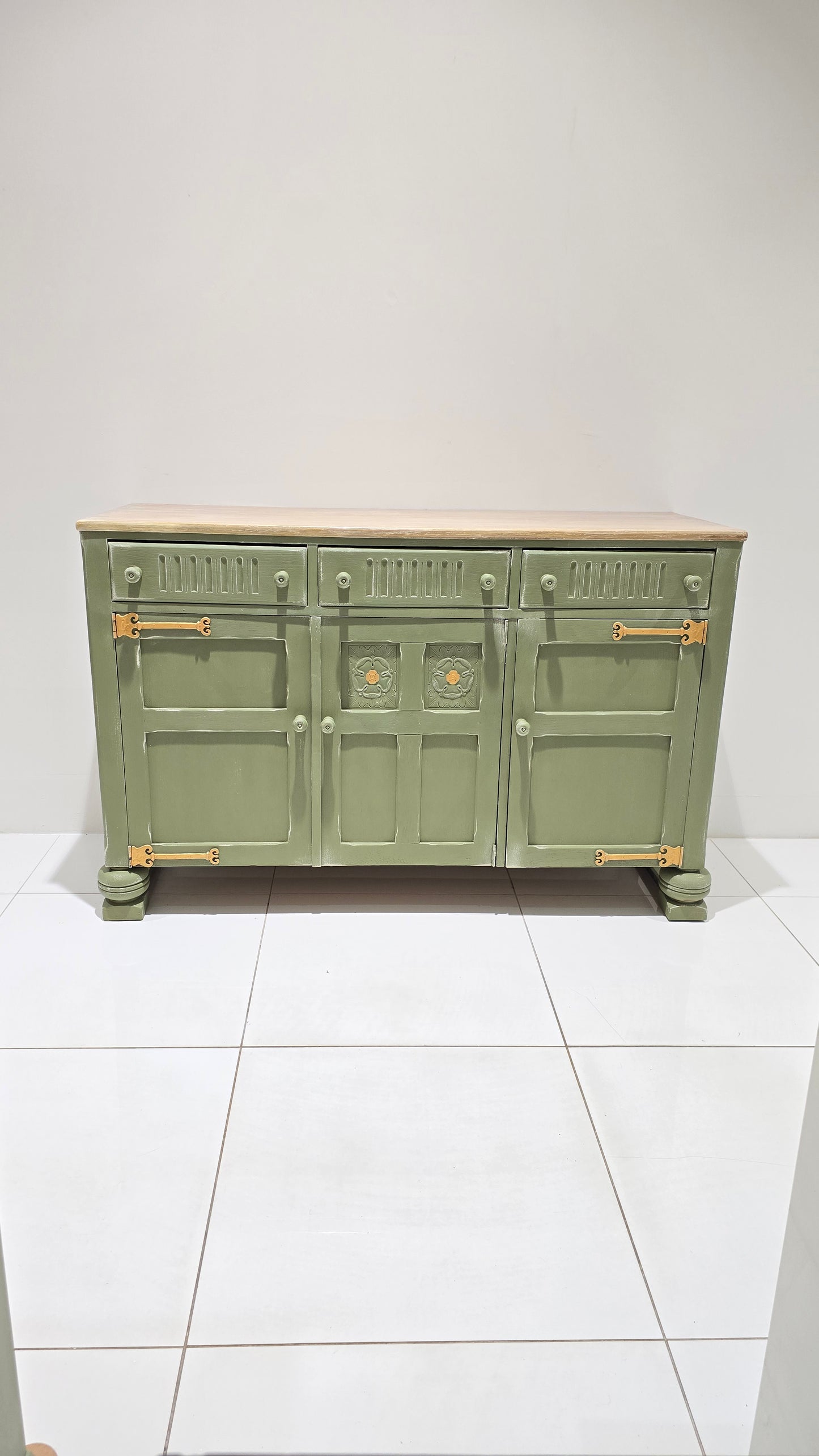 Vintage Olive Sideboard with Whitewashed Top & Gold Accents
