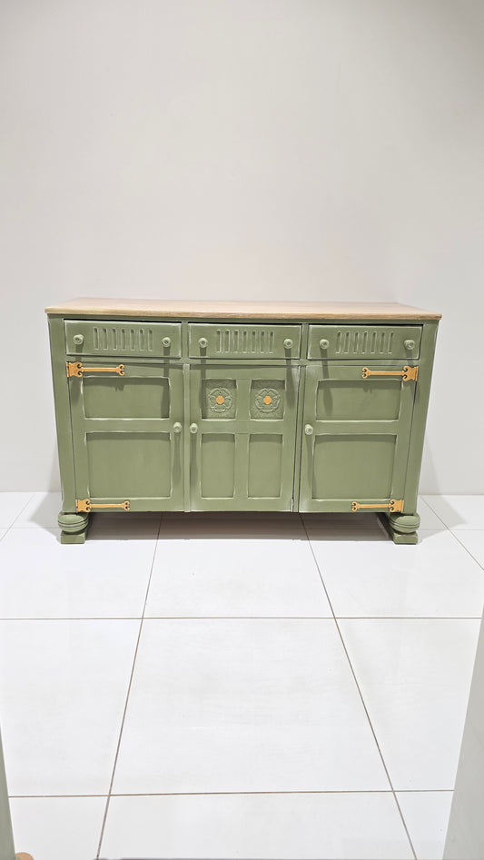 Vintage Olive Sideboard with Whitewashed Top & Gold Accents