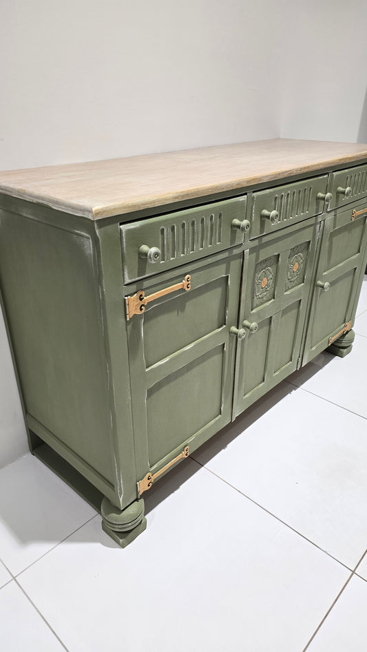 Vintage Olive Sideboard with Whitewashed Top & Gold Accents