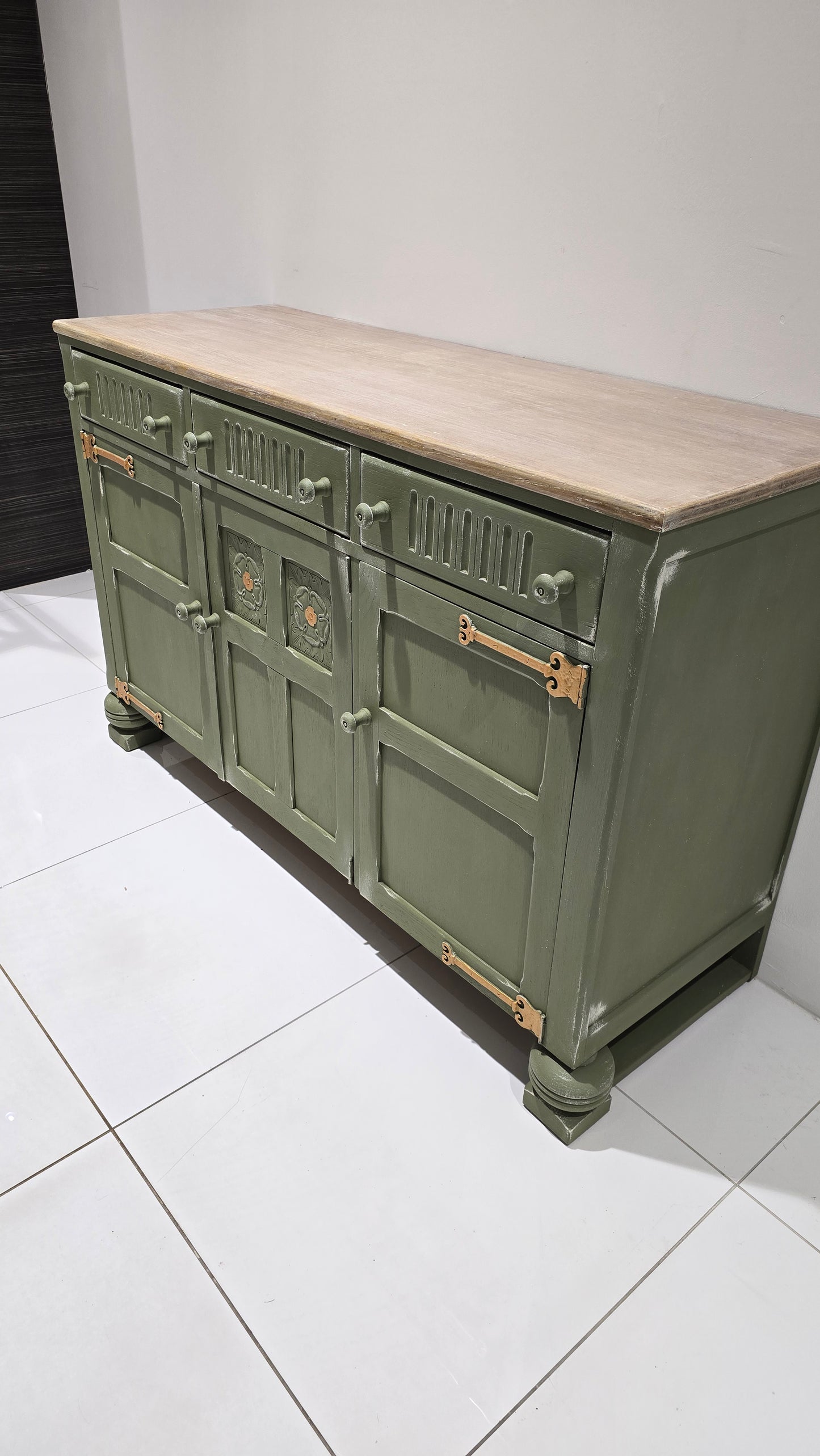 Vintage Olive Sideboard with Whitewashed Top & Gold Accents