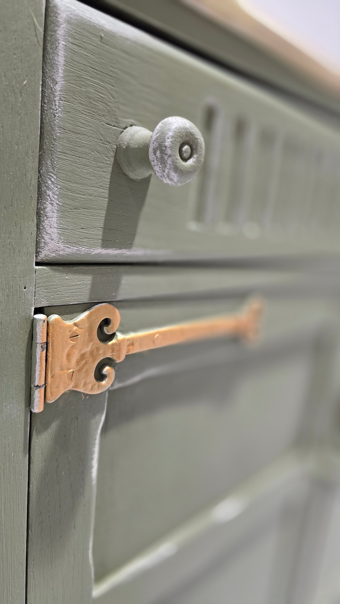 Vintage Olive Sideboard with Whitewashed Top & Gold Accents