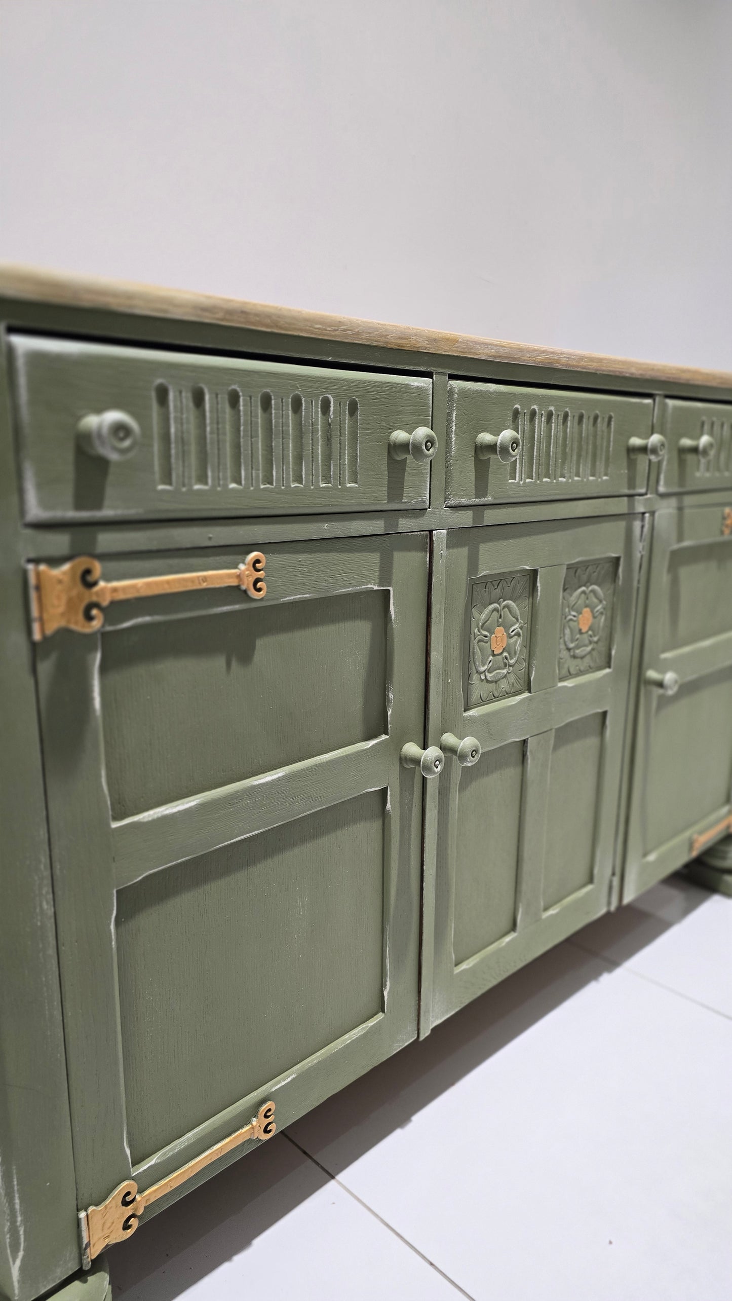 Vintage Olive Sideboard with Whitewashed Top & Gold Accents