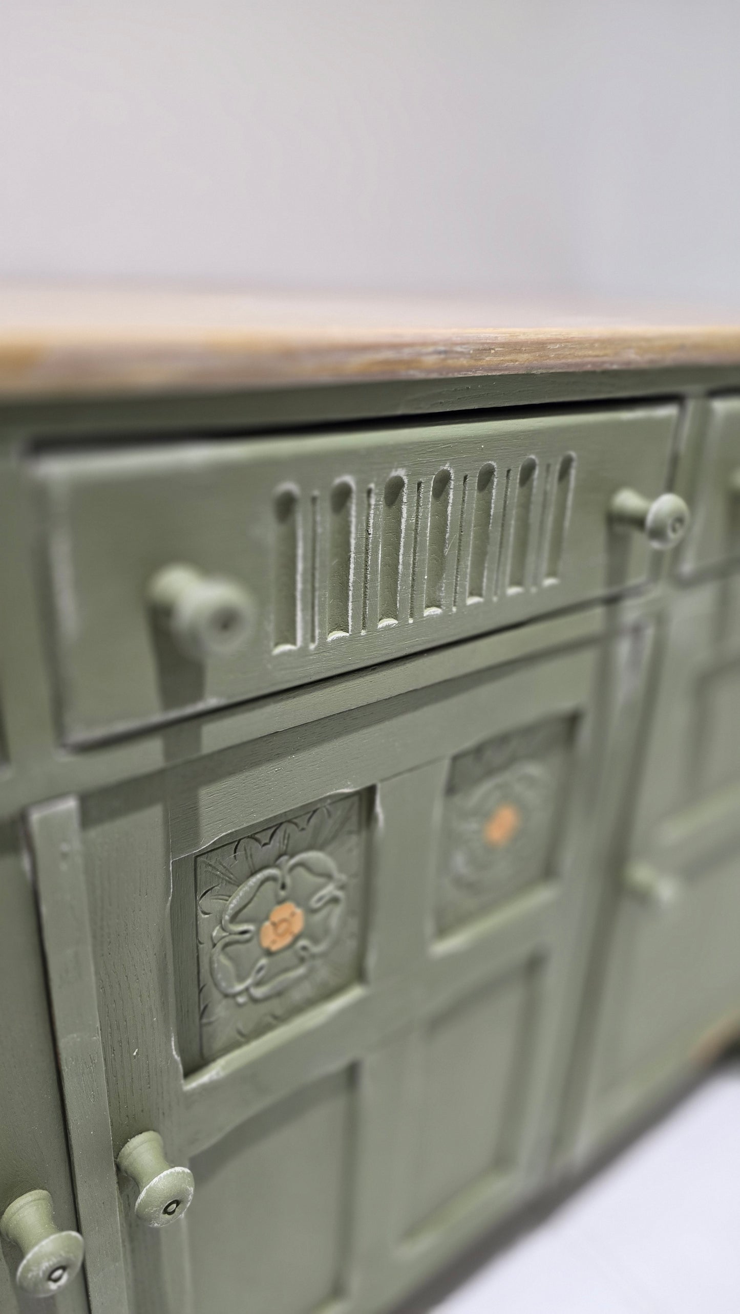 Vintage Olive Sideboard with Whitewashed Top & Gold Accents