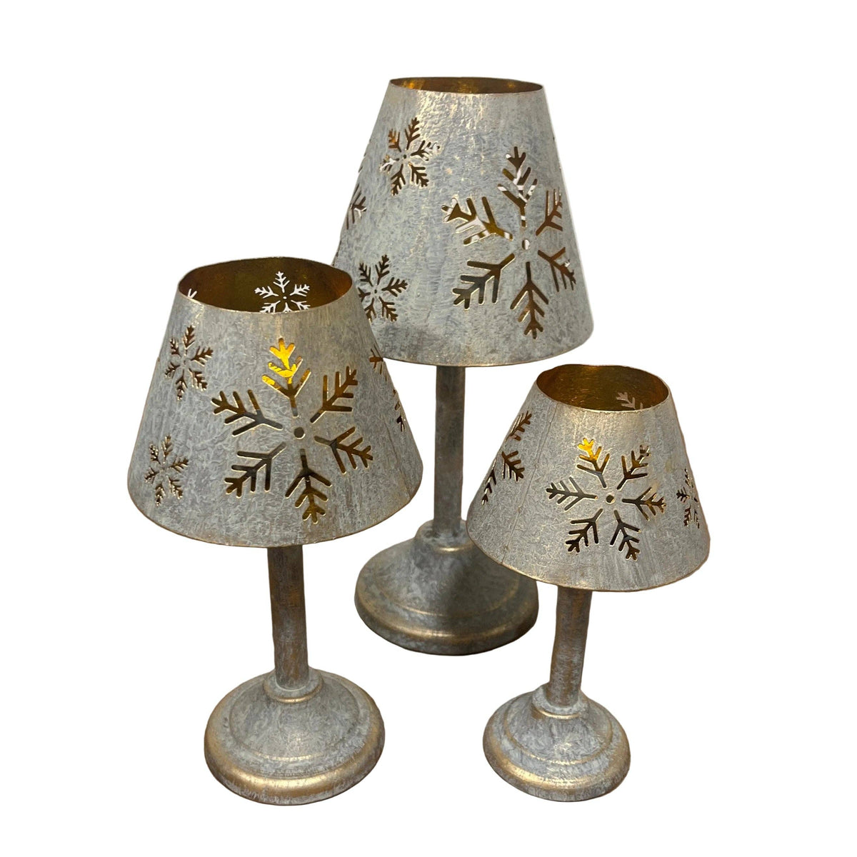 Set Of 3 Snowflake Tea Light Lamps Gold