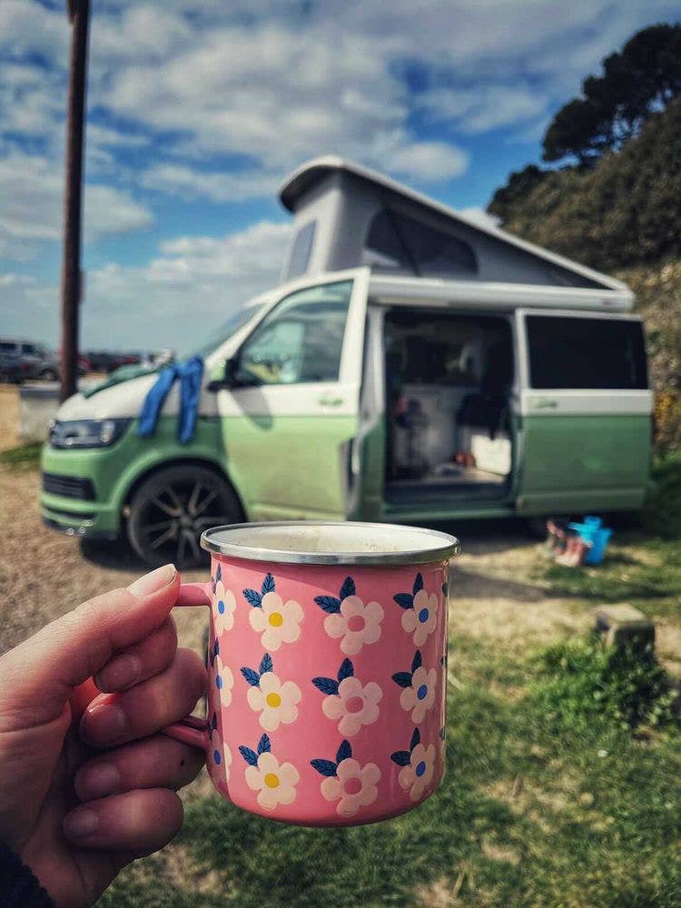 Retro Floral Enamel Camping Mug | Rose Pink | Enamelware