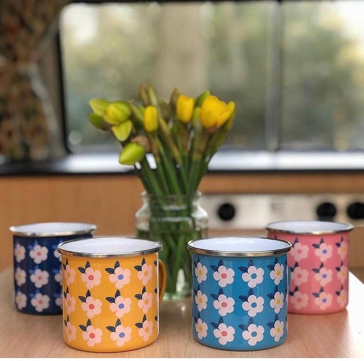 Retro Floral Enamel Camping Mug | Rose Pink | Enamelware