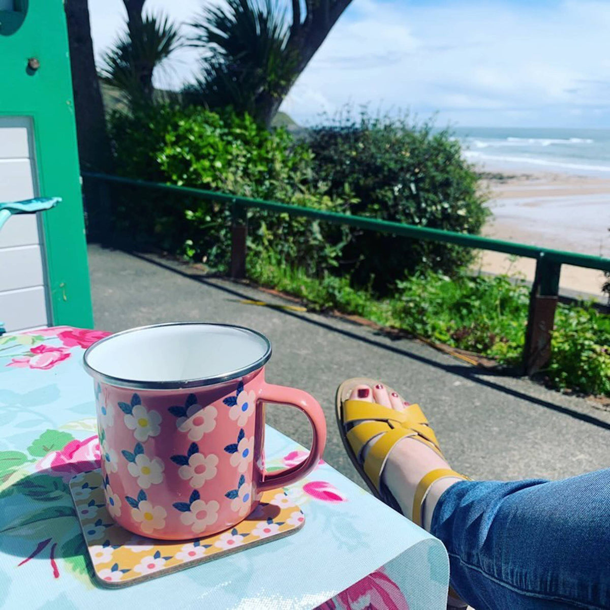 Retro Floral Enamel Camping Mug | Rose Pink | Enamelware