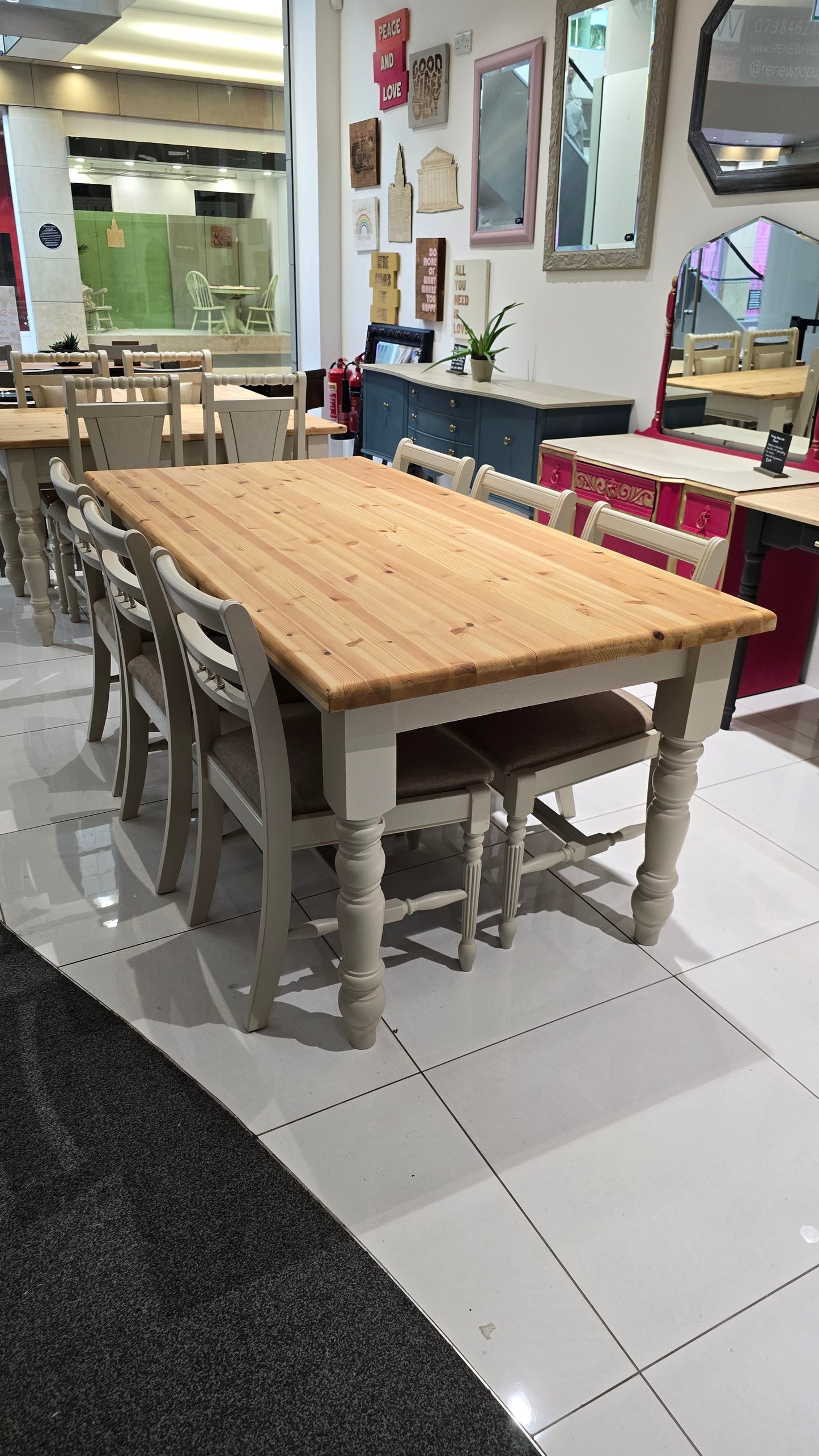 Pine dining table and Six chairs